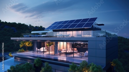 Futuristic generic smart home with solar panels roof