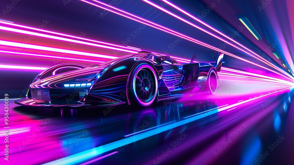 A futuristic sports car driving through a neon tunnel. A futuristic sports car driving through a neon tunnel.