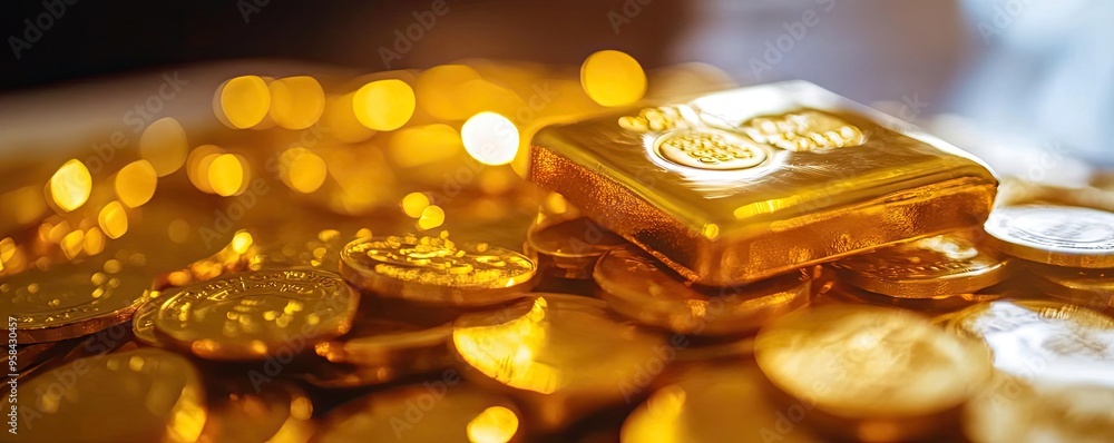 Close-up of shiny gold bars and coins, reflecting light and symbolizing wealth and prosperity. Ideal for financial concepts. Close-up of shiny gold bars and coins, reflecting light and symbolizing wealth and prosperity. Ideal for financial concepts.