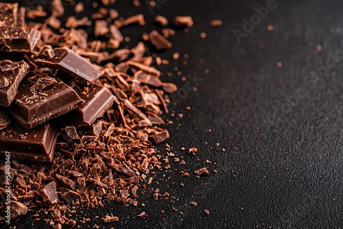 Delicious pieces of dark chocolate scattered over a black surface, perfect for culinary use or dessert inspiration.