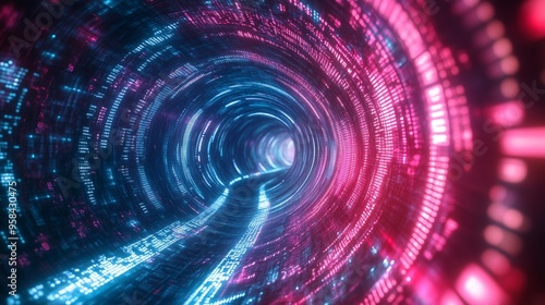 tunnel made of intertwining streams of light and data, with luminous digital patterns flowing through, creating a visually striking representation of the digital world