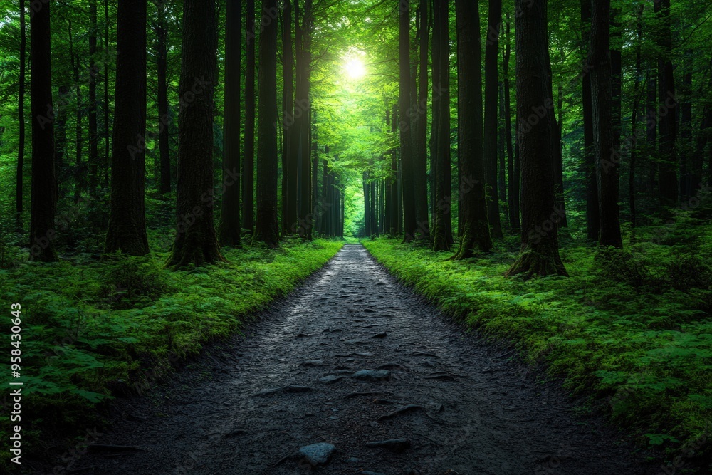 A picturesque forest path bathed in sunlight, with rays streaming through lush green foliage, creating a serene and natural atmosphere ideal for nature reflections. A picturesque forest path bathed in sunlight, with rays streaming through lush green foliage, creating a serene and natural atmosphere ideal for nature reflections.