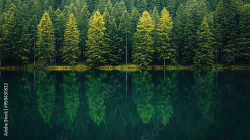 Serene landscape of lush green trees reflected in calm water, creating a peaceful and tranquil nature scene.