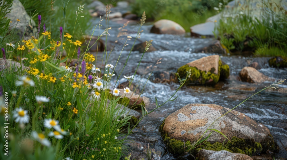 A view of a stream edge with smooth river rocks and wildflowers growing along the banks, creating a picturesque natural scene. A view of a stream edge with smooth river rocks and wildflowers growing along the banks, creating a picturesque natural scene.