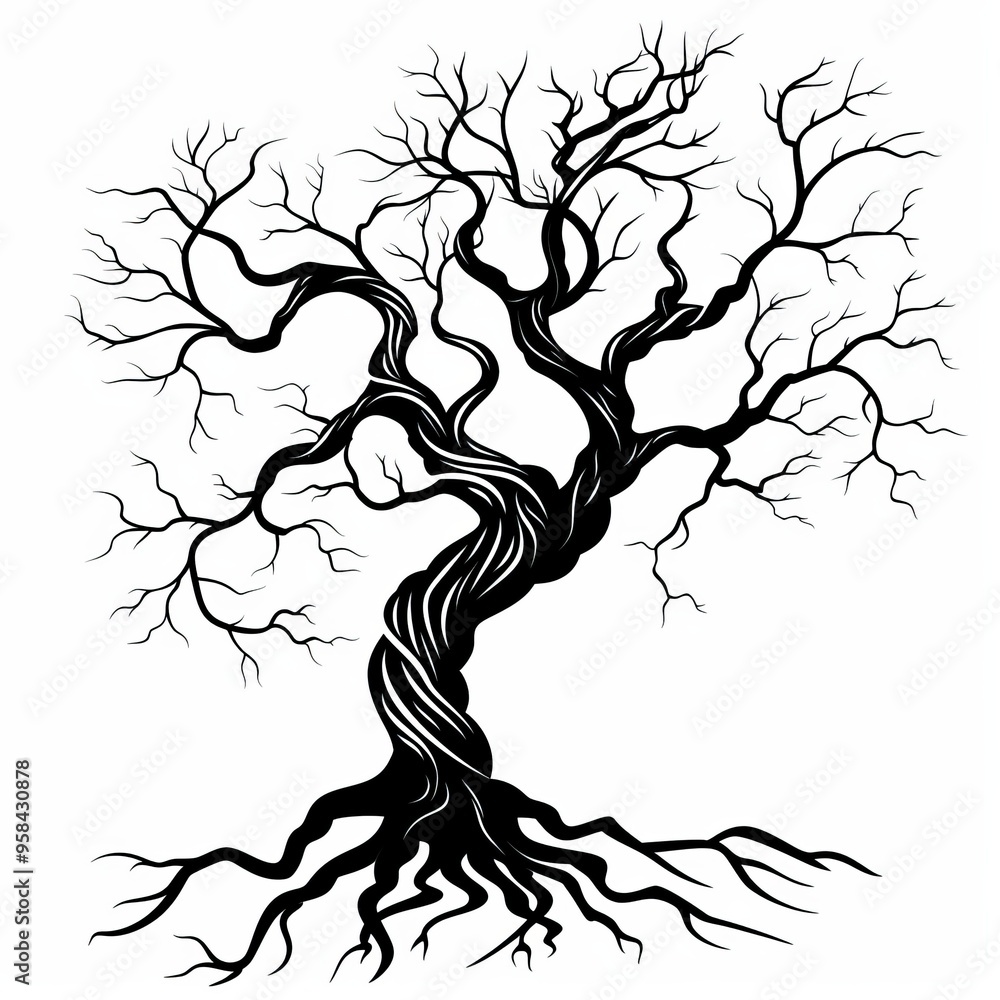 A black and white illustration of a bare, twisted tree with gnarled roots. A black and white illustration of a bare, twisted tree with gnarled roots.