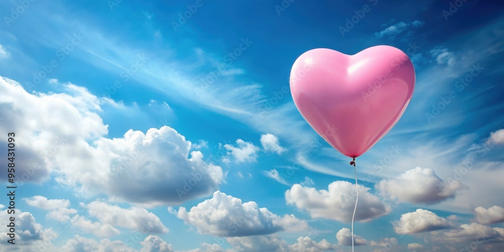 Pink heart shaped balloon floating in the sky , love, romantic, Valentine's Day, celebration, cheerful, inflatable, symbol Pink heart shaped balloon floating in the sky , love, romantic, Valentine's Day, celebration, cheerful, inflatable, symbol