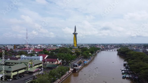 Aerial view of the construction process of the zero kilometer point monument in Banjarmasin in the middle of the city, Banjarmasin Siring photo