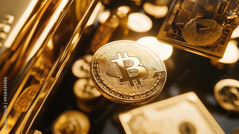 Close-up of a Bitcoin coin surrounded by gold coins and dollar bills, representing digital currency investment and wealth. Close-up of a Bitcoin coin surrounded by gold coins and dollar bills, representing digital currency investment and wealth.