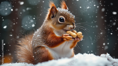 Squirrel Enjoying Peanuts in the Snow