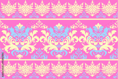 Pink and Yellow Damask Seamless Pattern: Elegant and intricate, this seamless damask pattern in shades of pink and yellow evokes a sense of classic luxury and sophistication. for textiles,wallpaper, 