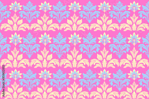 Pink and Yellow Damask Seamless Pattern: Elegant and intricate, this seamless damask pattern in shades of pink and yellow evokes a sense of classic luxury and sophistication. for textiles,wallpaper, 