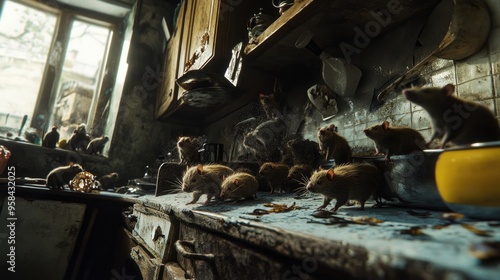 Dirty kitchen swarming with rats, capturing the unsanitary conditions and providing room for text. photo