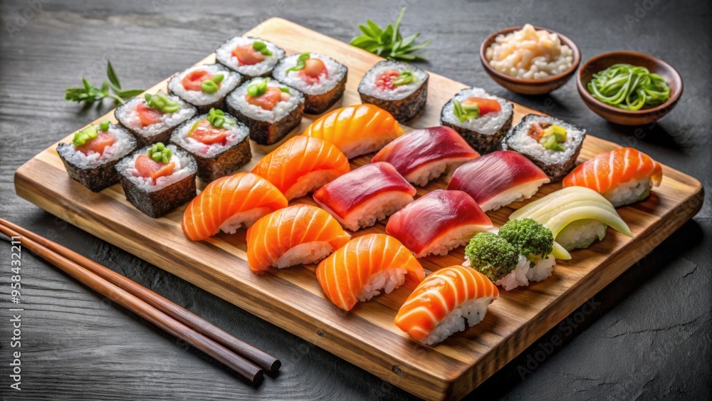 Assorted sushi platter with fresh sashimi, nigiri, and maki rolls on a wooden board , Japanese cuisine, food, seafood Assorted sushi platter with fresh sashimi, nigiri, and maki rolls on a wooden board , Japanese cuisine, food, seafood
