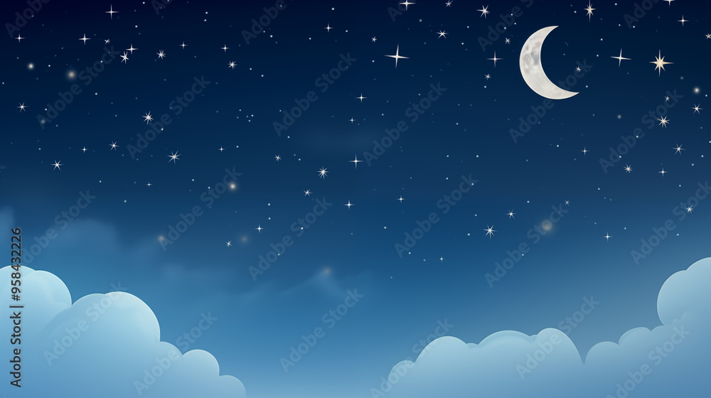 Calm Starry Night Sky With Crescent Moon And Deep Blue Clouds Calm Starry Night Sky With Crescent Moon And Deep Blue Clouds