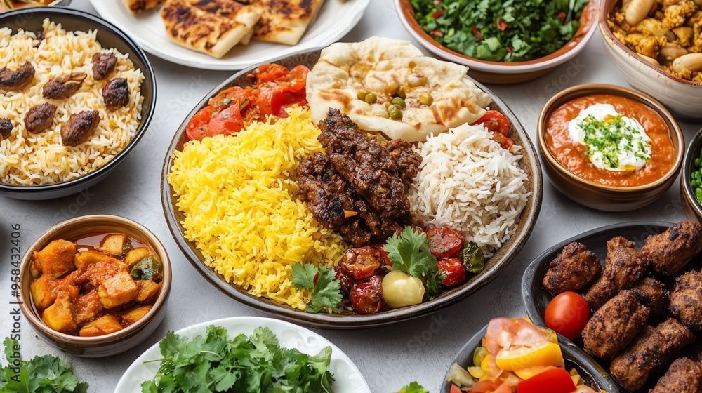 A Spread of Middle Eastern Dishes with Grilled Meat, Rice, and Naan Bread A Spread of Middle Eastern Dishes with Grilled Meat, Rice, and Naan Bread