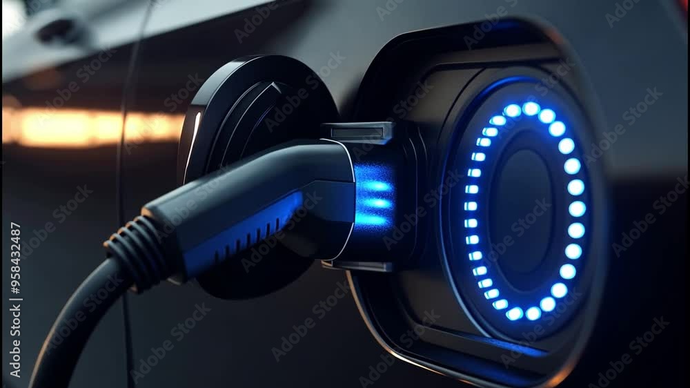 Electric vehicle charging port with blue LED lights indicating active charging Electric vehicle charging port with blue LED lights indicating active charging