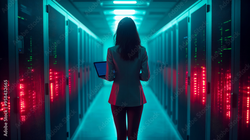 It engineer is walking in a server room corridor holding a laptop It engineer is walking in a server room corridor holding a laptop