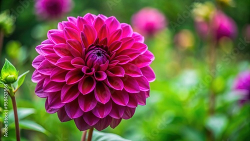 Dark pink dahlia flower contrasting against lush green garden background , dahlia, flower, dark pink, garden, green, nature