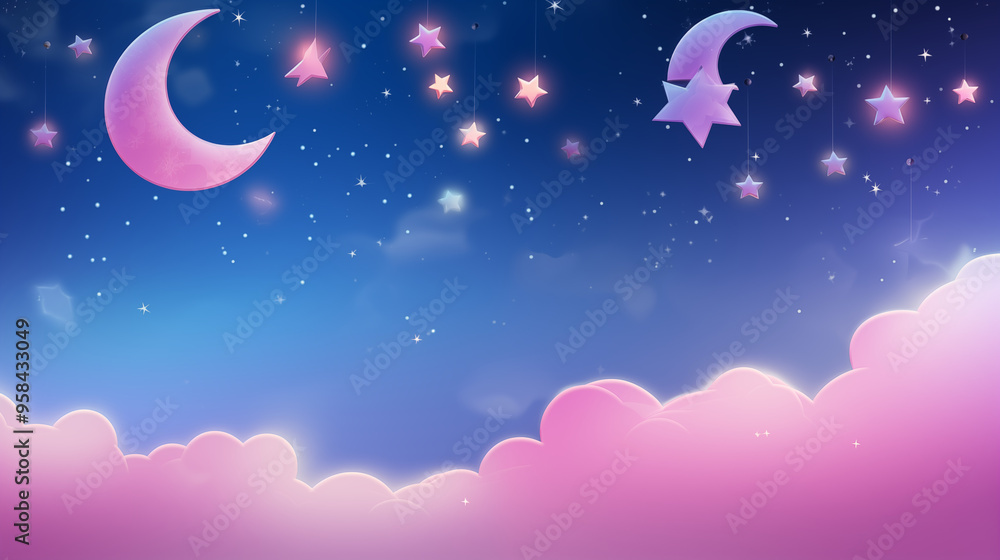 Naklejka premium Surreal Night Sky With Glowing Pink Stars And Hanging Crescent Moons