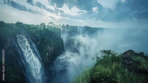 A view of Victoria Falls from the Zambian side, with the expansive waterfall stretching across the horizon and mist rising into the sky.