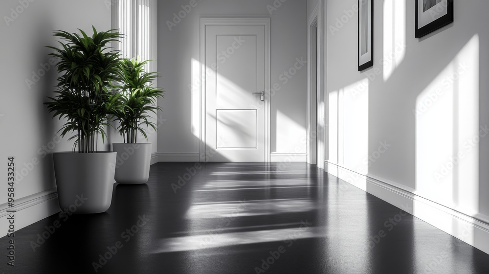 Fototapeta premium Minimalist hallway with potted plants and sunlight. generative ai illustration.