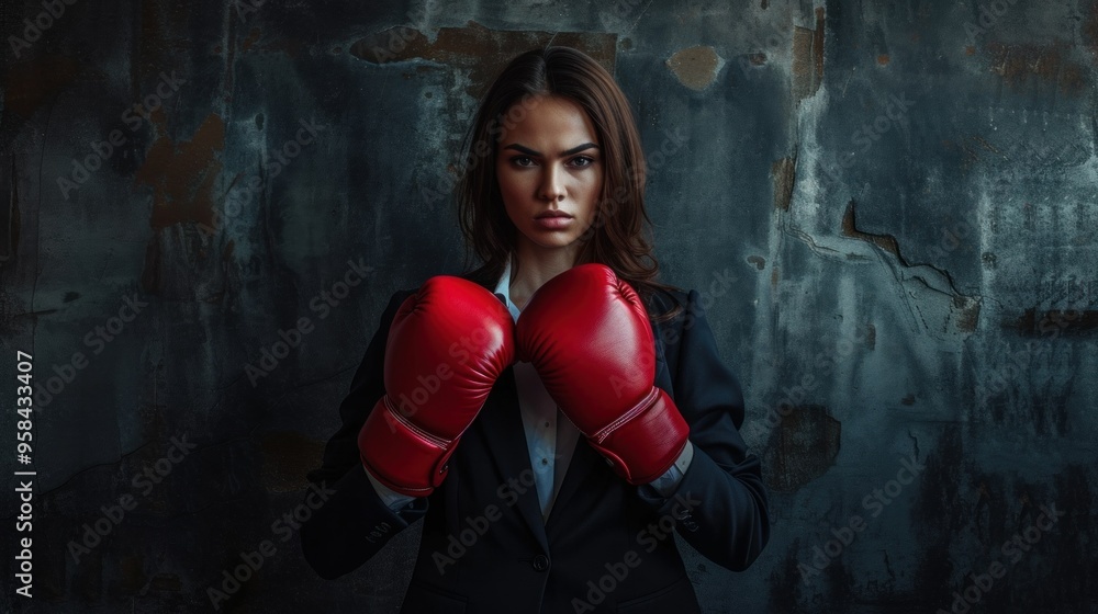 Obraz premium A woman dressed in a formal suit is donning red boxing gloves