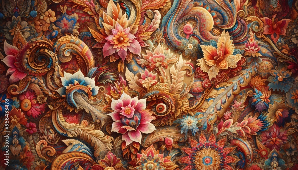 Obraz premium Ancient Thai wood carving, intricate dragon pattern, traditional Thai fabric, Buddhist temple decoration