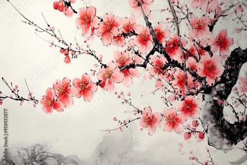 Wu Changshuo style, Plum blossoms bring good fortune, Traditional Chinese painting. Generative Ai photo