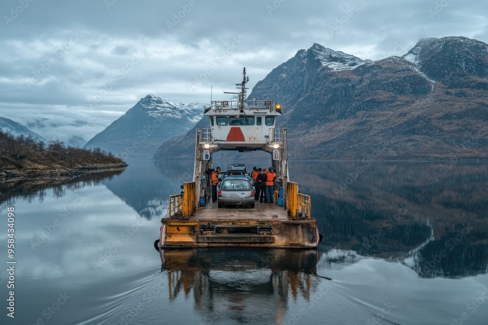 A car ferry navigates a serene lake surrounded by impressive snow-capped mountains, reflecting a peaceful yet powerful natural landscape in a calm and introspective scene. A car ferry navigates a serene lake surrounded by impressive snow-capped mountains, reflecting a peaceful yet powerful natural landscape in a calm and introspective scene.