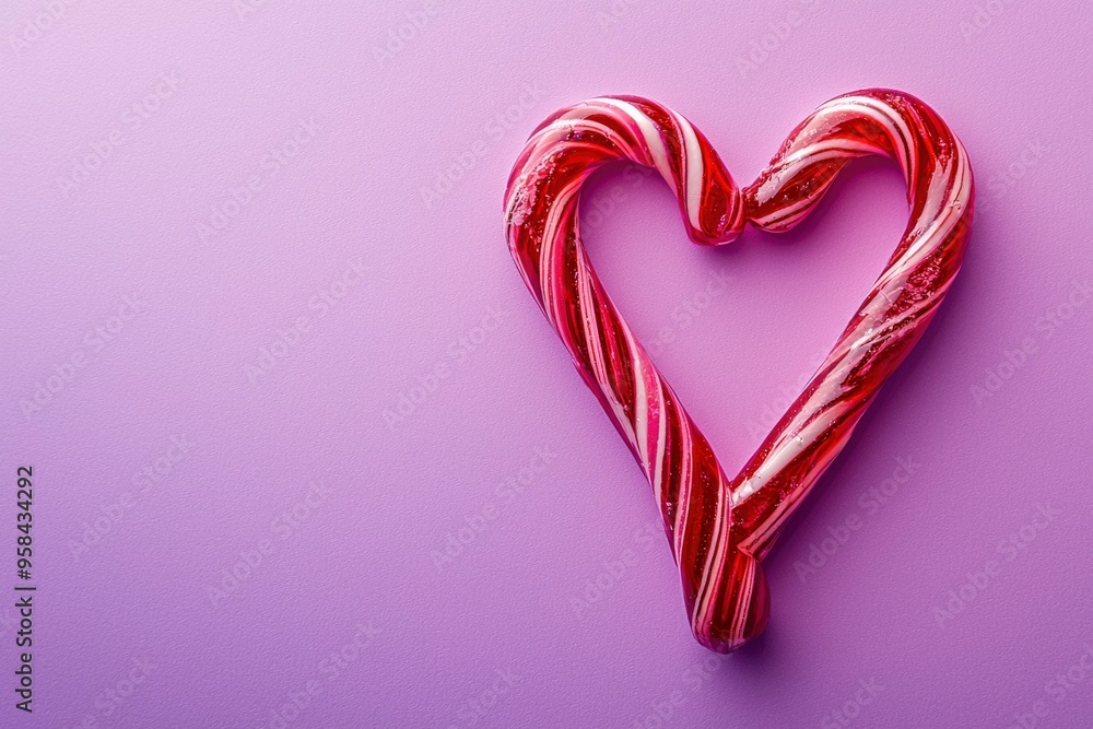 Red and White Candy Cane Shaped as a Heart on Purple Background Red and White Candy Cane Shaped as a Heart on Purple Background
