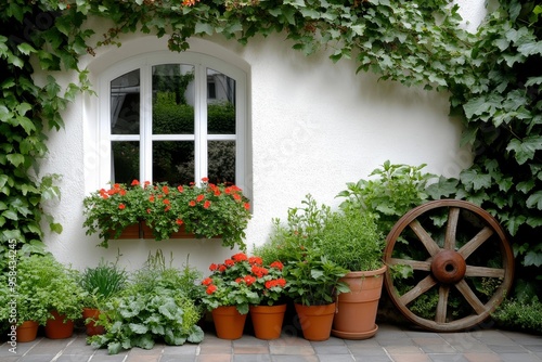 Garden with Potted Geraniums in Terracotta Pots and Greenery by Wooden Wheel and Window