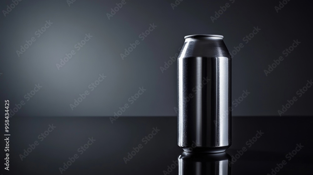 A single silver can standing on a reflective black surface against a dark background.