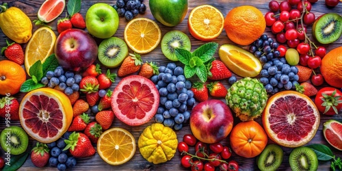 Various fruits arranged in a colorful and artistic pattern, fruits, arrangement, colorful, pattern, vibrant, tropical