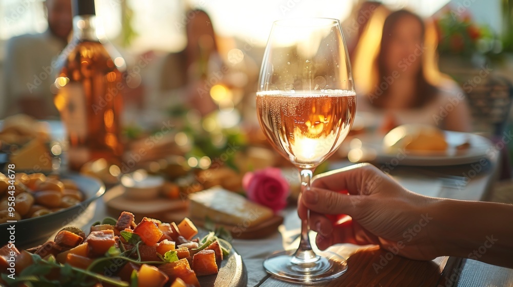 Obraz premium Autumn or fall season. Close up of hands holding wine glasses at dining table with various snacks, small trousers and cheese board on white linen clothed dinner party table in sunny living room.