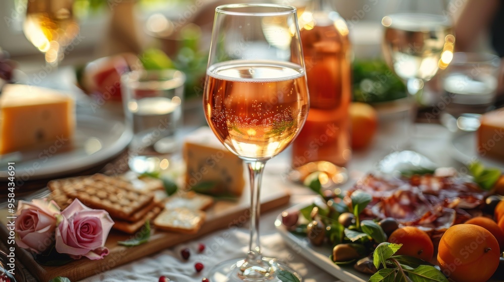 Fototapeta premium Autumn or fall season. wine glasses at dining table with various snacks, small trousers and cheese board in sunny living room. Glass bottle filled red pink rose, water and beer on the table.