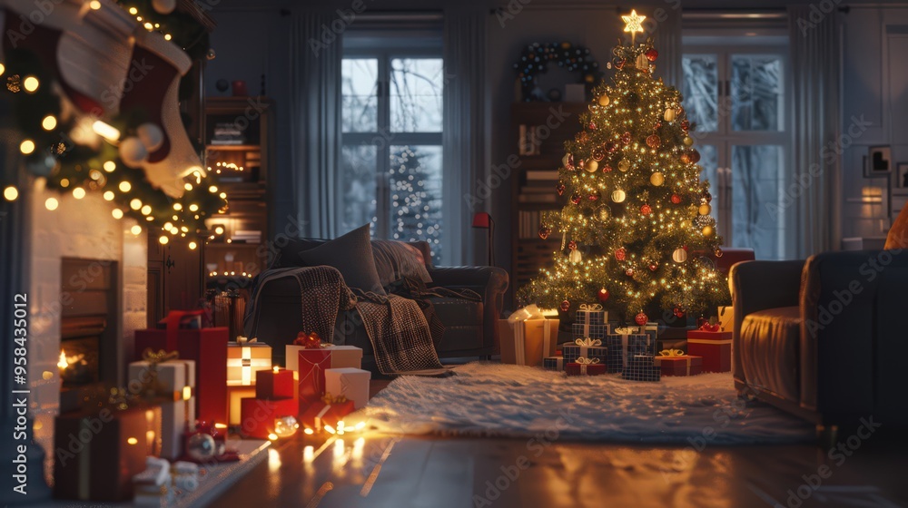 Capture the festive spirit of the holiday season with a cozy living room decorated for Christmas, featuring a beautifully adorned tree, glowing lights Capture the festive spirit of the holiday season with a cozy living room decorated for Christmas, featuring a beautifully adorned tree, glowing lights