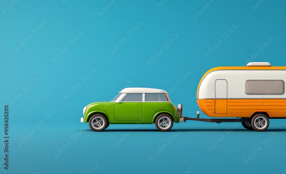 Fototapeta premium Green and White Retro Car with Orange Travel Trailer on Blue Background
