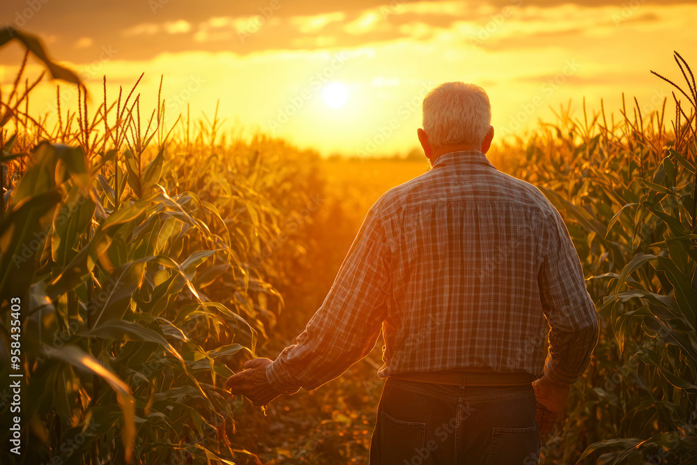 Fototapeta premium Rear view of senior farmer walking in corn field examining crop in his hands at sunset.