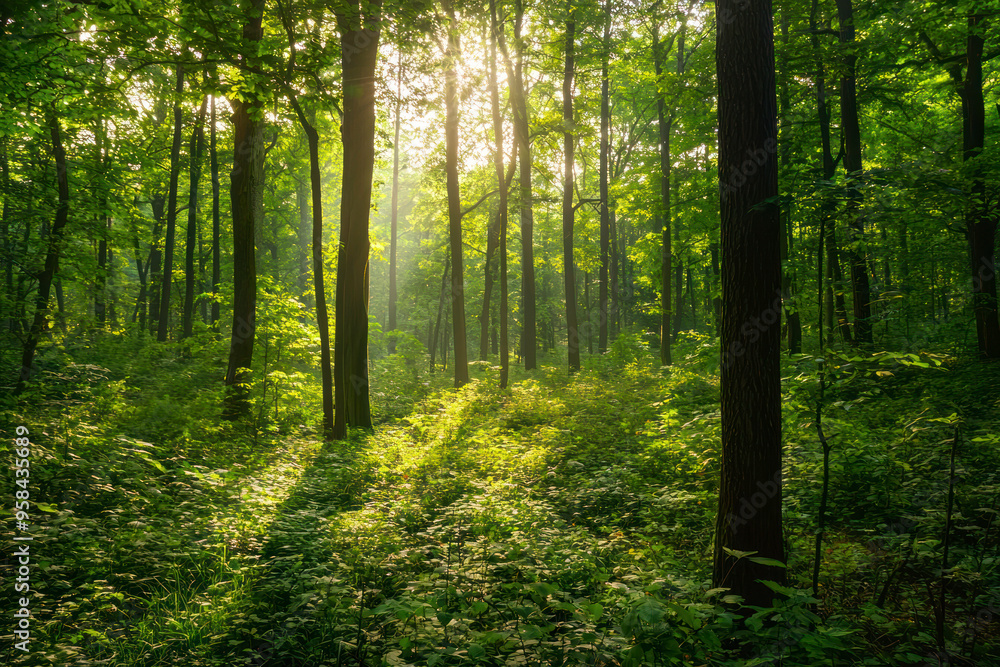Serene Sunlit Forest with Lush Green Undergrowth - Peaceful Woodland Landscape. Serene Sunlit Forest with Lush Green Undergrowth - Peaceful Woodland Landscape.