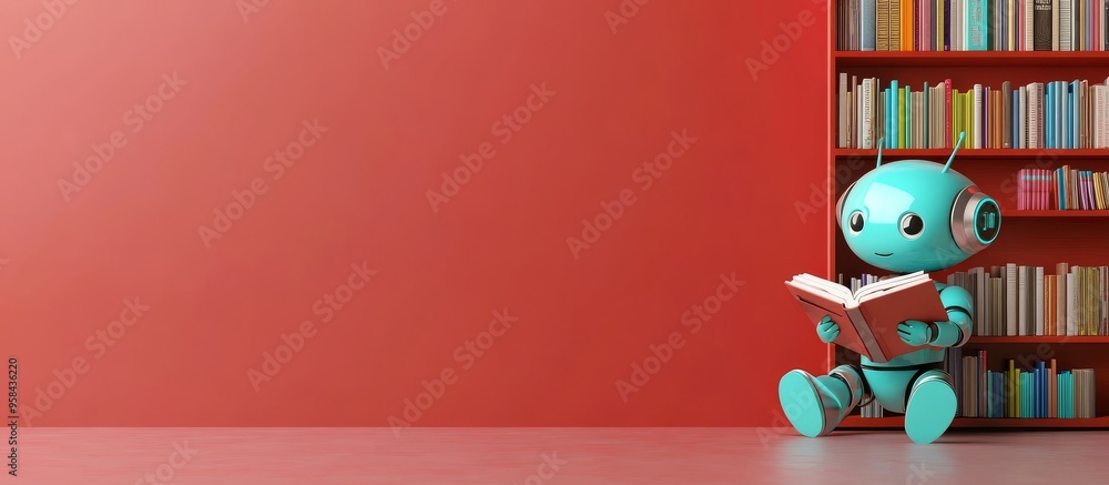 Fototapeta premium Cute Robot Sitting on Floor Reading Books in Front of Empty Bookshelf