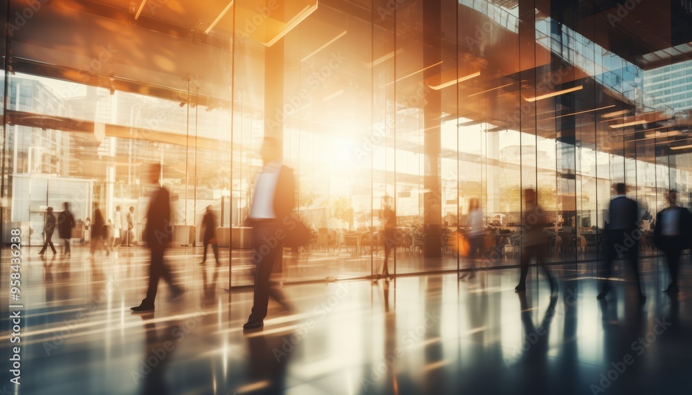 Blurred background of modern office space with many people walking around Blurred background of modern office space with many people walking around