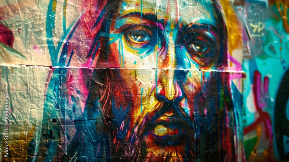 Fototapeta premium Photo of graffiti of Jesus Christ on a wall. Abstract colored background. Digital illustration.