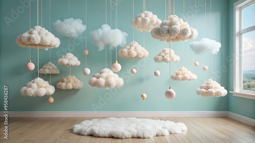 Dreamy nursery with fluffy cloud decor hanging from the ceiling, clouds, dreamy, nursery, soft, fluffy, decor, hanging photo