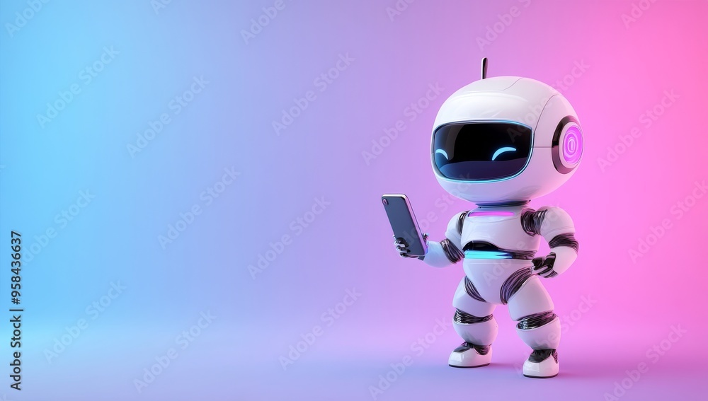 Cute Robot Toy with LED Lights Holding Smartphone on Purple Background Cute Robot Toy with LED Lights Holding Smartphone on Purple Background
