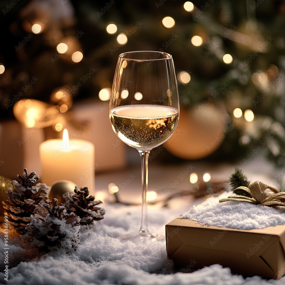 A glass of white wine surrounded by candles and Christmas festive decorations, AI generated image Background A glass of white wine surrounded by candles and Christmas festive decorations, AI generated image Background