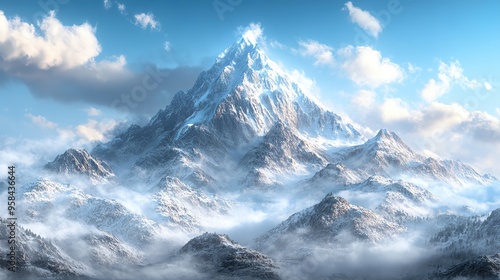 Stunning snow-capped mountain peak towers over a serene landscape, surrounded by soft clouds and a tranquil atmosphere.