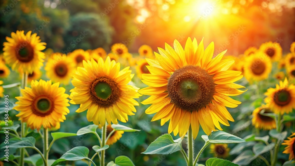 Obraz premium Vibrant sunflowers blooming in a beautiful garden, sunflowers, garden, nature, flora, yellow, petals, plants, sunlight, growth