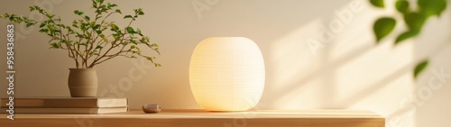 Wallpaper Mural Minimalist Japanese Workspace, a serene environment highlighting natural materials, rice paper lamp, wooden bookshelf, uncluttered design, fostering creativity and tranquility. Torontodigital.ca