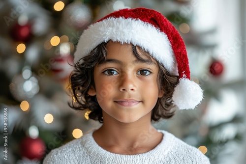 Young Girl in a Santa Hat Smiling in Front of a Christmas Tree