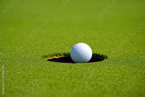 Golf ball nearing the hole on a vibrant green course, symbolizing precision and success in sports
